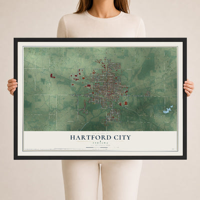 Map of Hartford City, Indiana, 24 x 36 inch print in a black wood frame