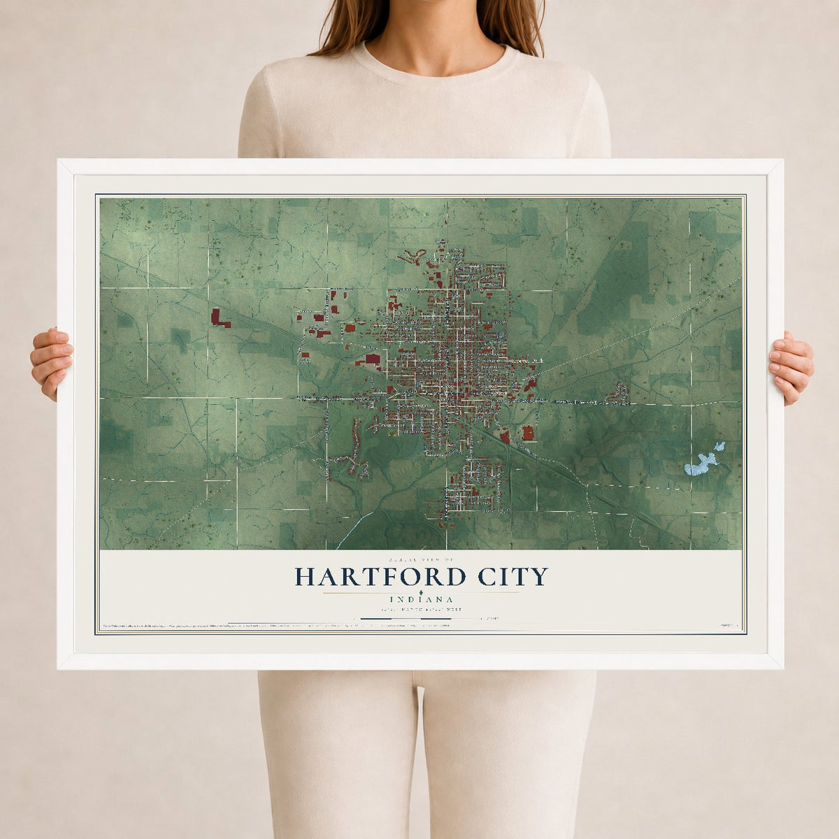 Map of Hartford City, Indiana, 24 x 36 inch print in a white wood frame