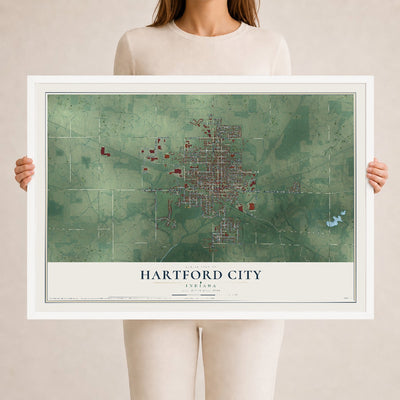 Map of Hartford City, Indiana, 24 x 36 inch print in a white wood frame