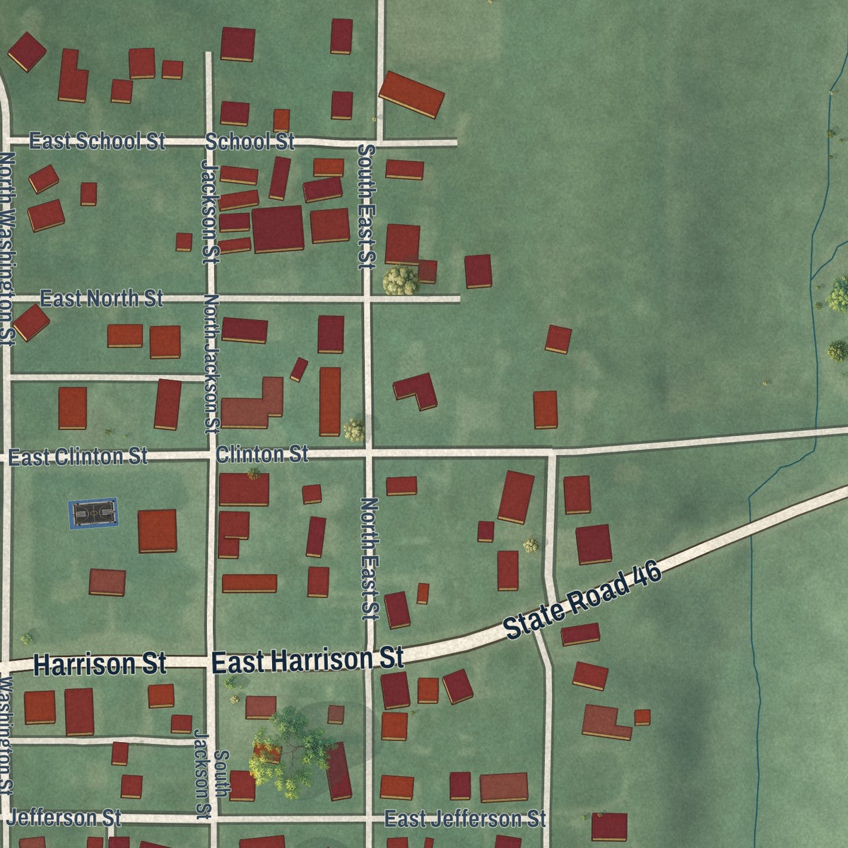 Close-up of the map of Hartsville, Indiana print showing street and building detail
