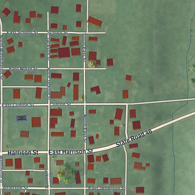 Close-up of the map of Hartsville, Indiana print showing street and building detail