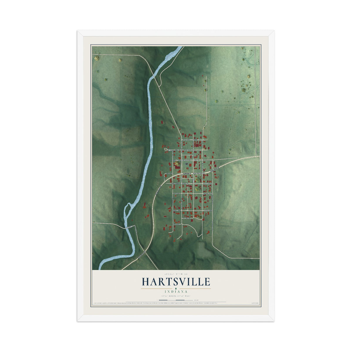 Map of Hartsville, Indiana, 12 x 18 inch print in a white wood frame