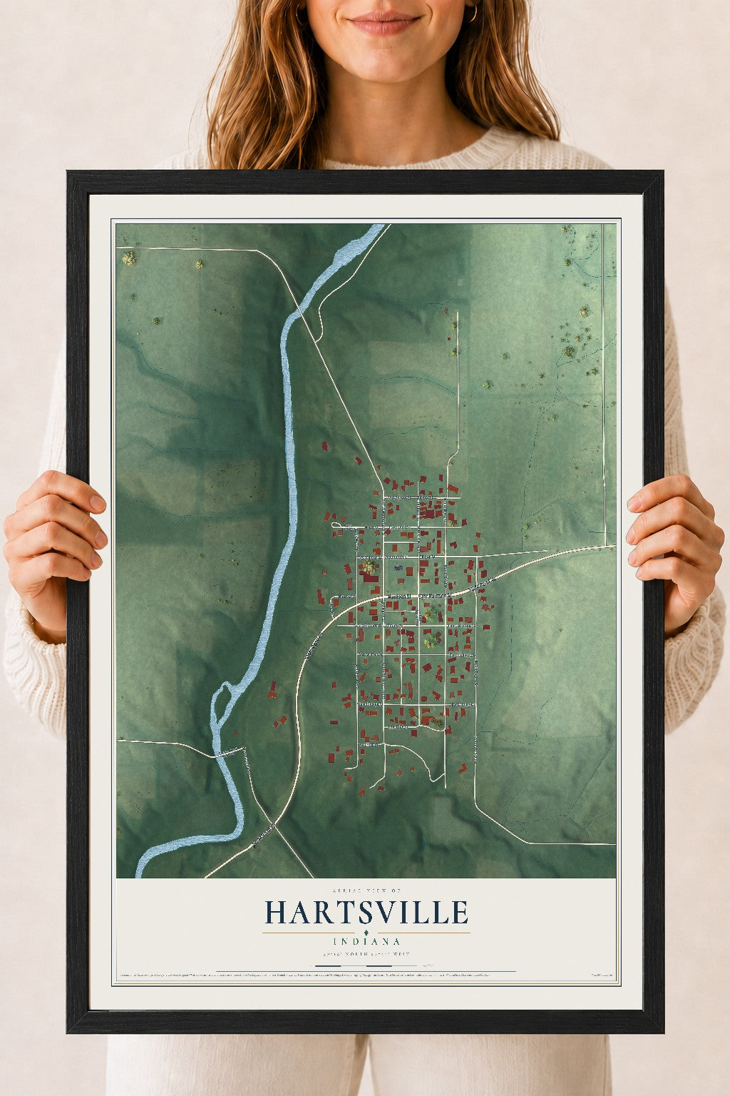 Map of Hartsville, Indiana, 18 x 24 inch print in a black wood frame