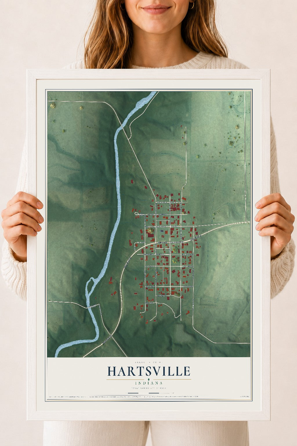 Map of Hartsville, Indiana, 18 x 24 inch print in a white wood frame