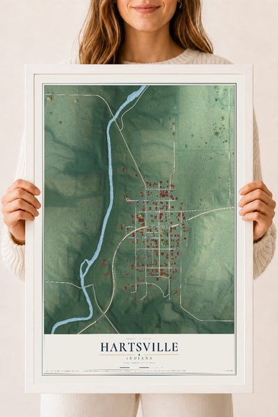 Map of Hartsville, Indiana, 18 x 24 inch print in a white wood frame