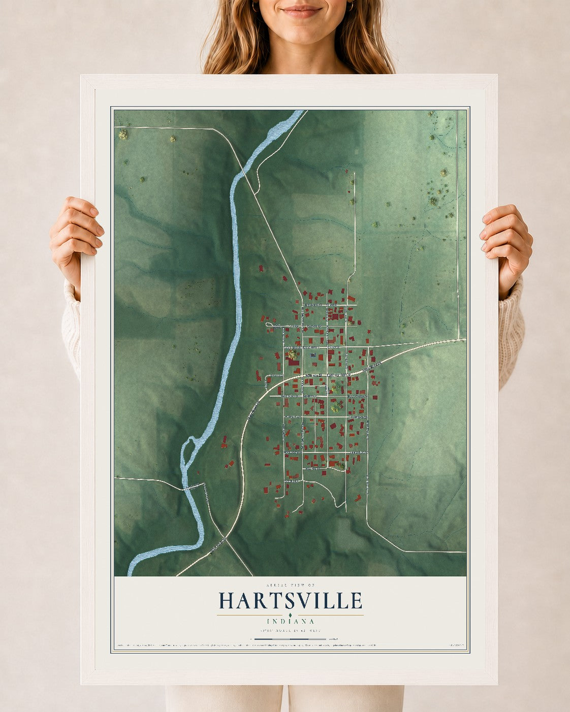Map of Hartsville, Indiana, 24 x 36 inch print in a white wood frame