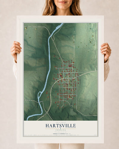 Map of Hartsville, Indiana, 24 x 36 inch print in a white wood frame