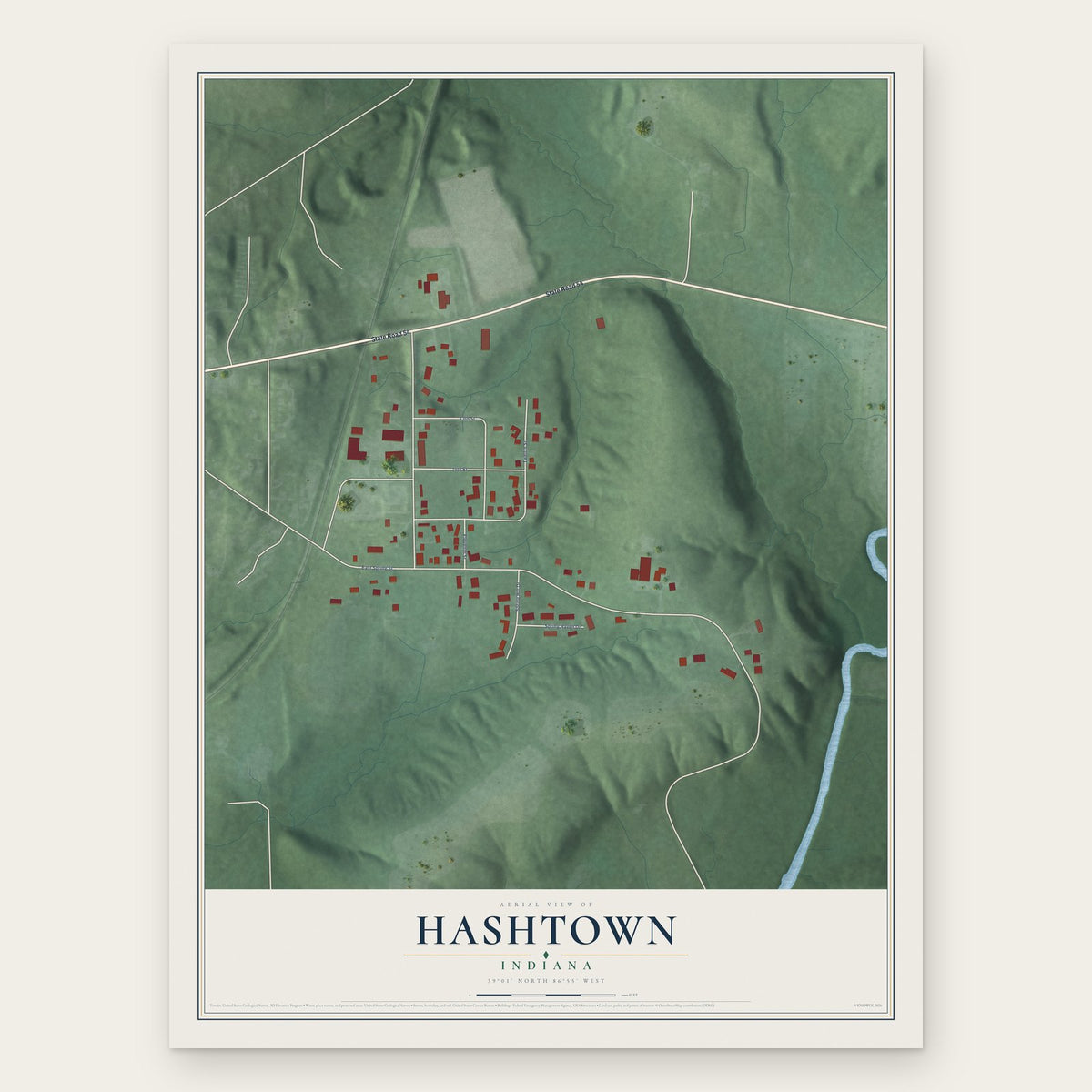 Hashtown, Indiana map print, the full design