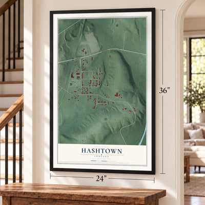 Hashtown, Indiana map, 24 x 36 inch print in a black frame by a staircase