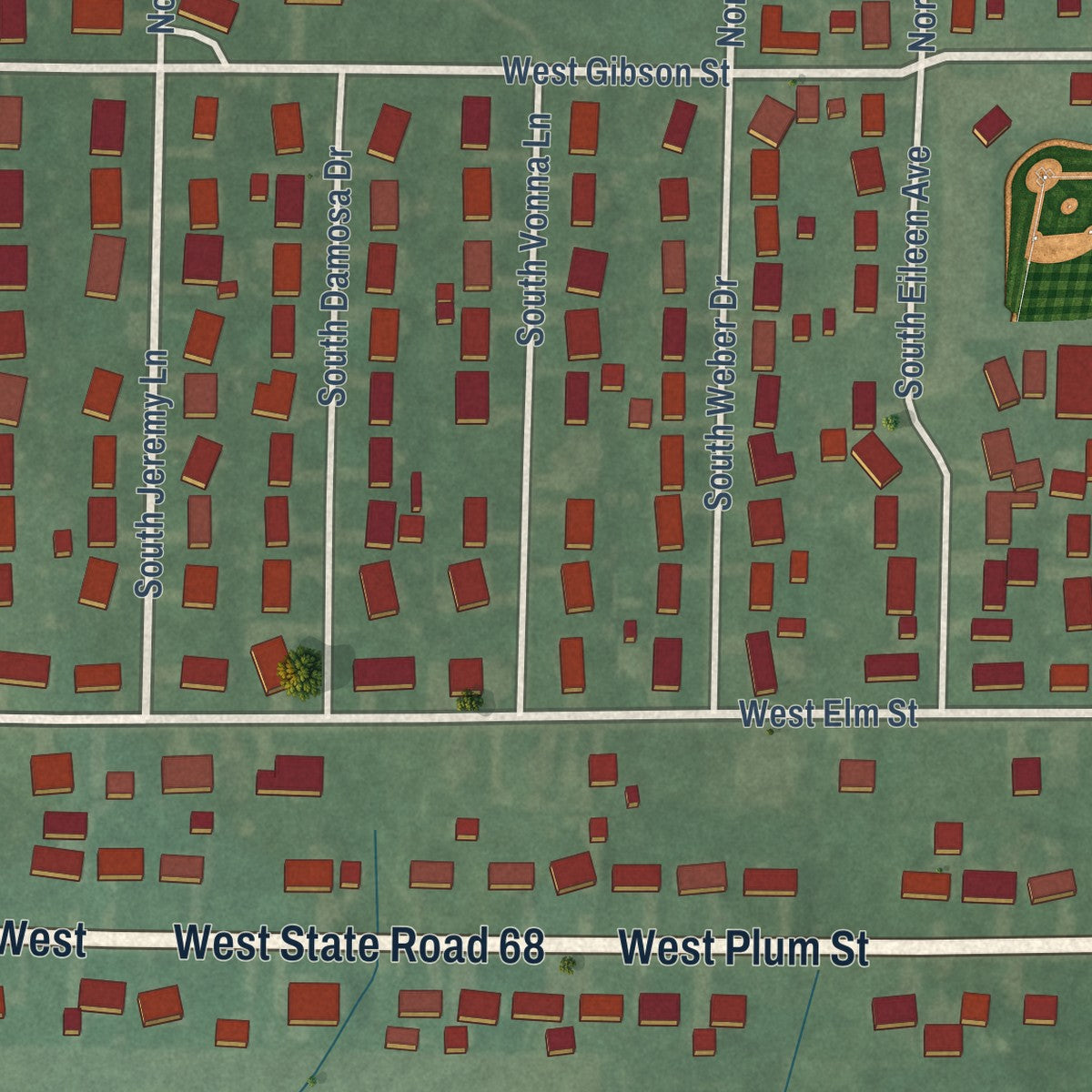 Second close-up of the map of Haubstadt, Indiana print showing more streets and buildings