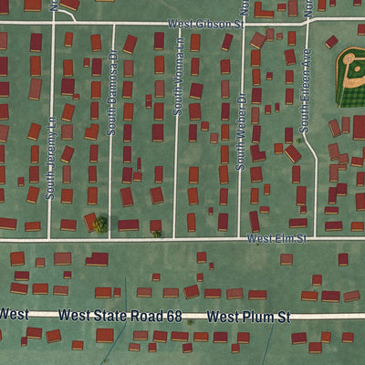 Second close-up of the map of Haubstadt, Indiana print showing more streets and buildings