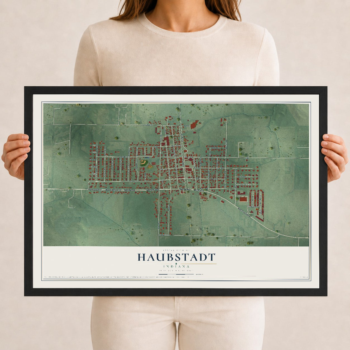 Map of Haubstadt, Indiana, 12 x 18 inch print in a black wood frame