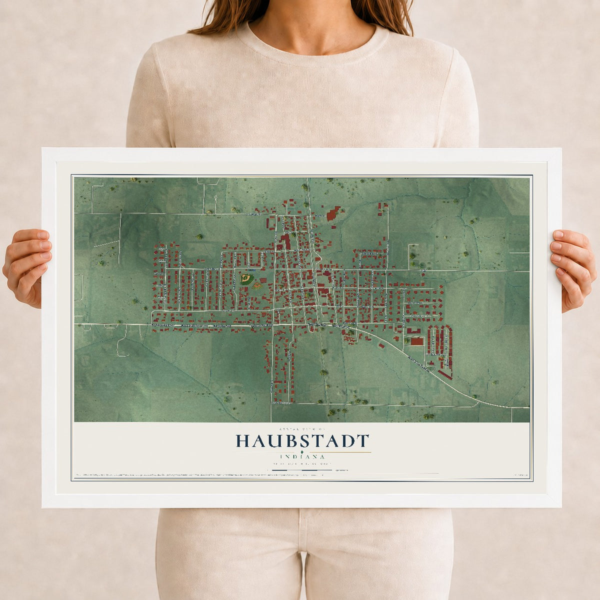 Map of Haubstadt, Indiana, 12 x 18 inch print in a white wood frame