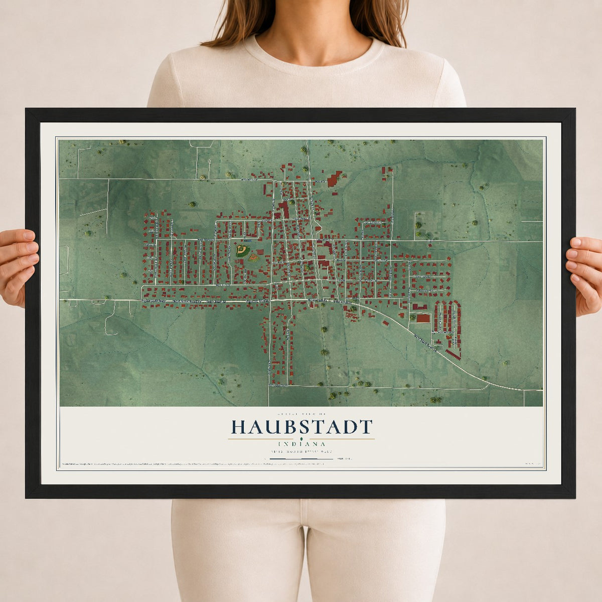 Map of Haubstadt, Indiana, 18 x 24 inch print in a black wood frame