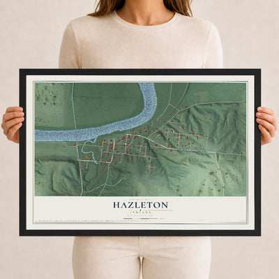 Map of Hazleton, Indiana, 12 x 18 inch print in a black wood frame