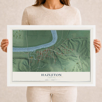 Map of Hazleton, Indiana, 12 x 18 inch print in a white wood frame