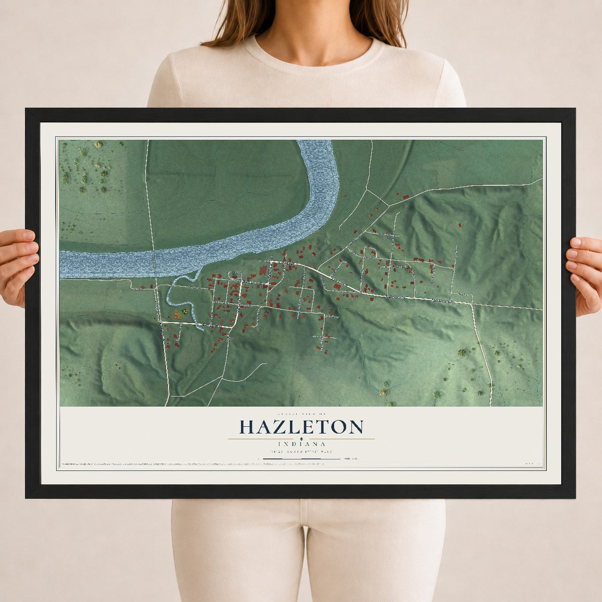 Map of Hazleton, Indiana, 18 x 24 inch print in a black wood frame