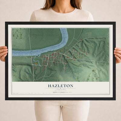 Map of Hazleton, Indiana, 18 x 24 inch print in a black wood frame