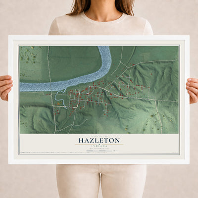 Map of Hazleton, Indiana, 18 x 24 inch print in a white wood frame