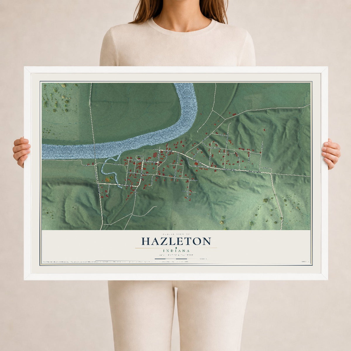 Map of Hazleton, Indiana, 24 x 36 inch print in a white wood frame