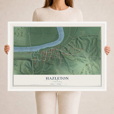 Map of Hazleton, Indiana, 24 x 36 inch print in a white wood frame