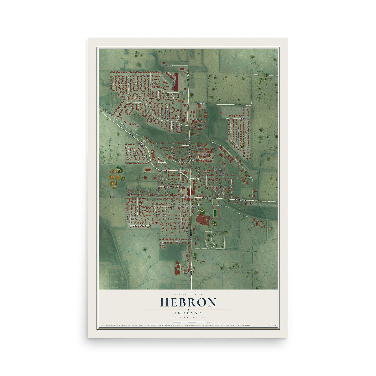 Map of Hebron, Indiana, 12 x 18 inch unframed archival matte print