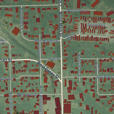 Close-up of the map of Hebron, Indiana print showing street and building detail