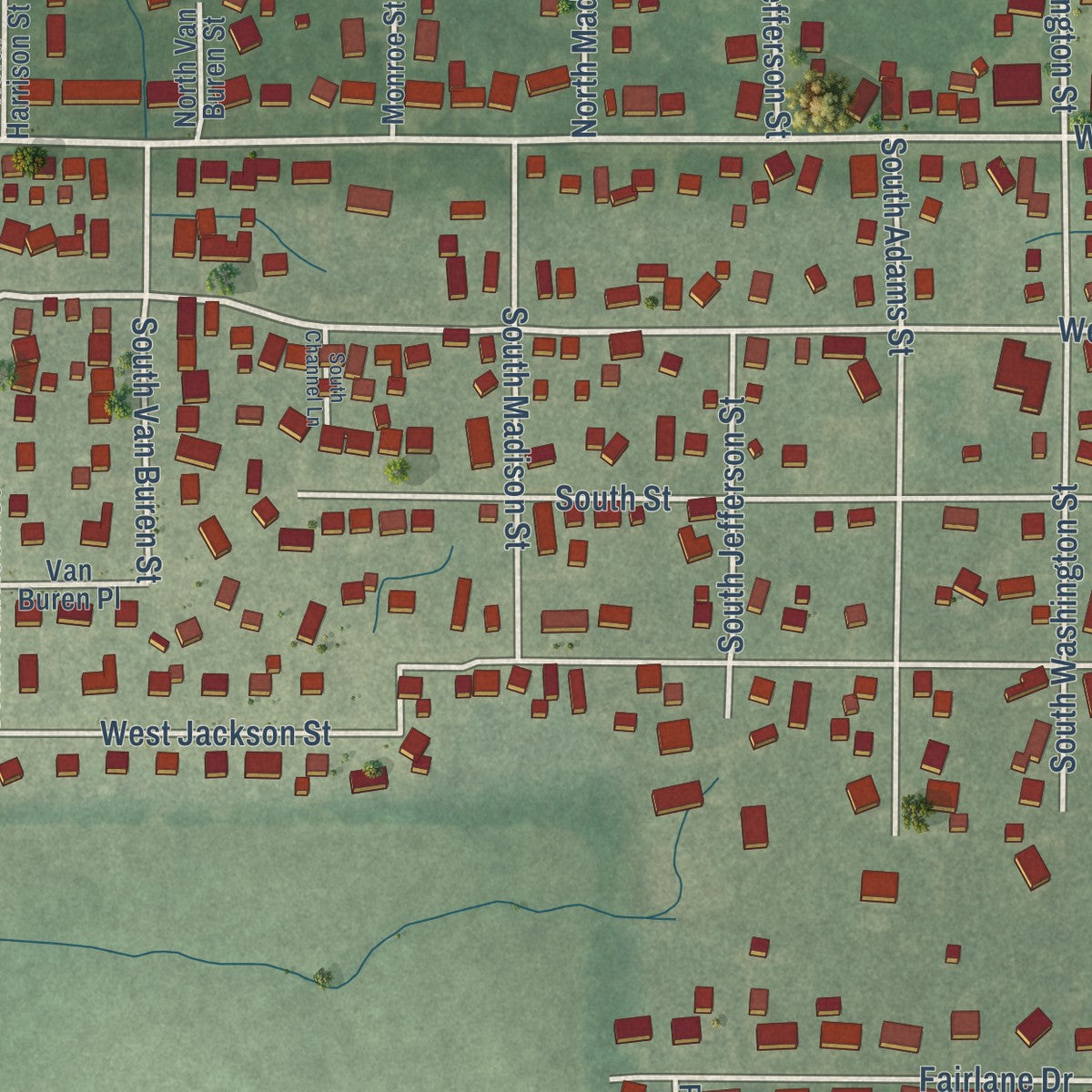 Second close-up of the map of Hebron, Indiana print showing more streets and buildings