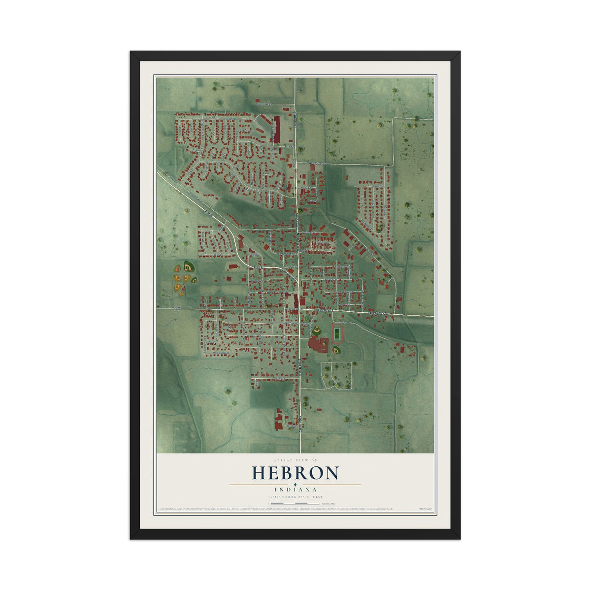 Map of Hebron, Indiana, 12 x 18 inch print in a black wood frame