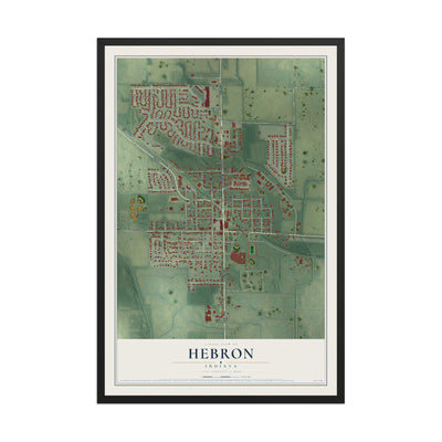 Map of Hebron, Indiana, 12 x 18 inch print in a black wood frame