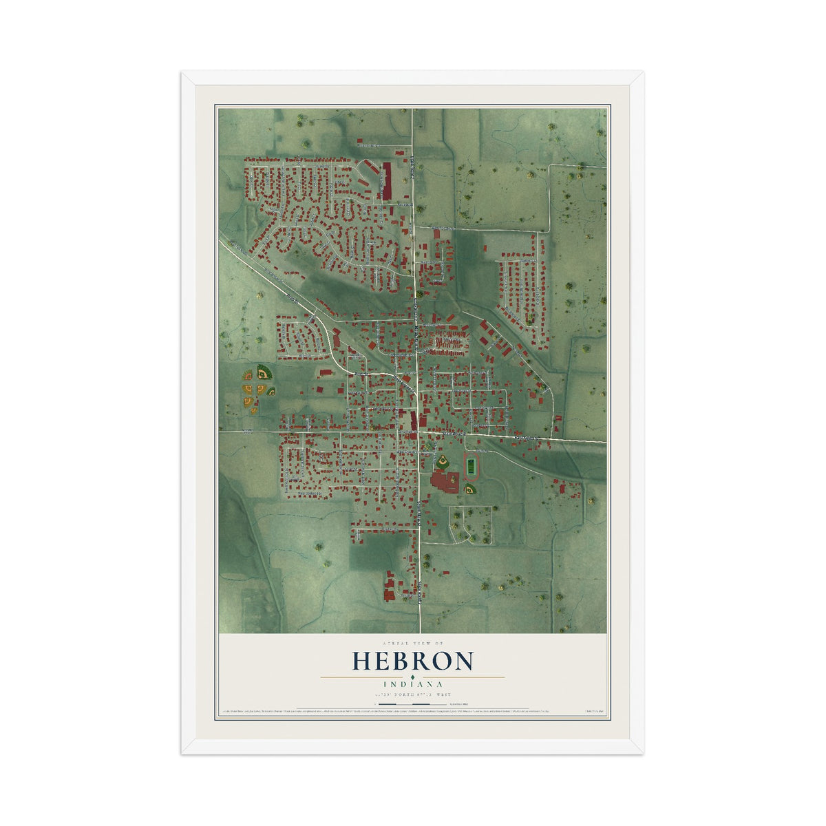 Map of Hebron, Indiana, 12 x 18 inch print in a white wood frame