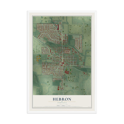 Map of Hebron, Indiana, 12 x 18 inch print in a white wood frame