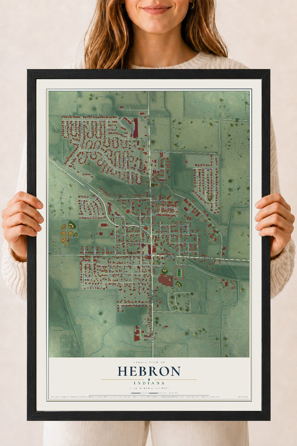 Map of Hebron, Indiana, 18 x 24 inch print in a black wood frame