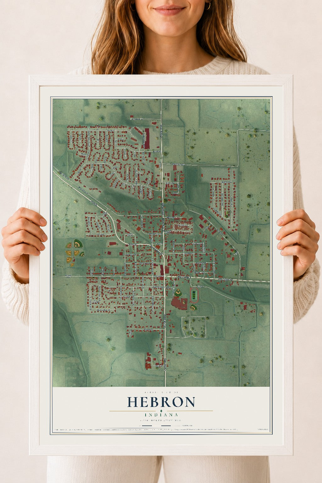 Map of Hebron, Indiana, 18 x 24 inch print in a white wood frame
