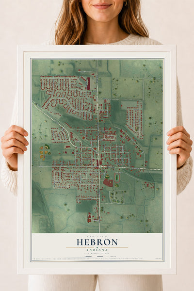 Map of Hebron, Indiana, 18 x 24 inch print in a white wood frame