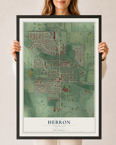 Map of Hebron, Indiana, 24 x 36 inch print in a black wood frame
