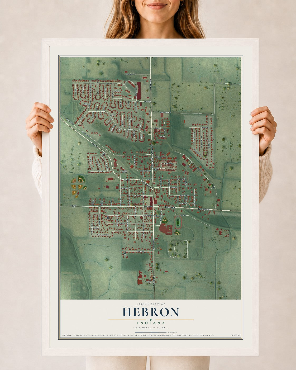 Map of Hebron, Indiana, 24 x 36 inch print in a white wood frame