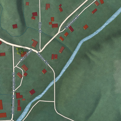 Close-up of the map of Heltonville, Indiana print showing street and building detail