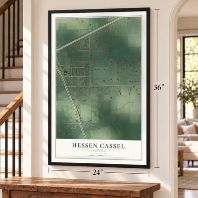 Hessen Cassel, Indiana map, 24 x 36 inch print in a black frame by a staircase