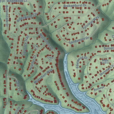 Close-up of the map of Hidden Valley, Indiana print showing street and building detail