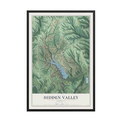 Map of Hidden Valley, Indiana, 12 x 18 inch print in a black wood frame