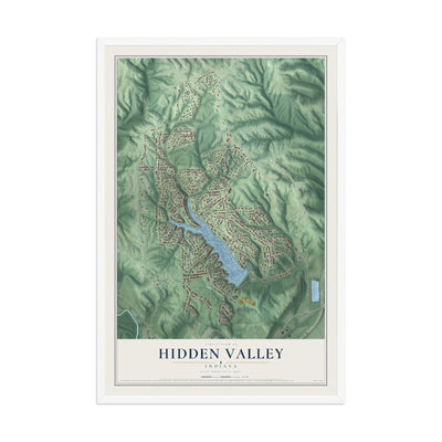 Map of Hidden Valley, Indiana, 12 x 18 inch print in a white wood frame