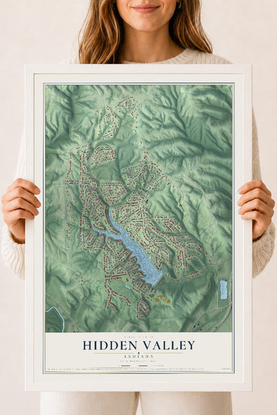 Map of Hidden Valley, Indiana, 18 x 24 inch print in a white wood frame