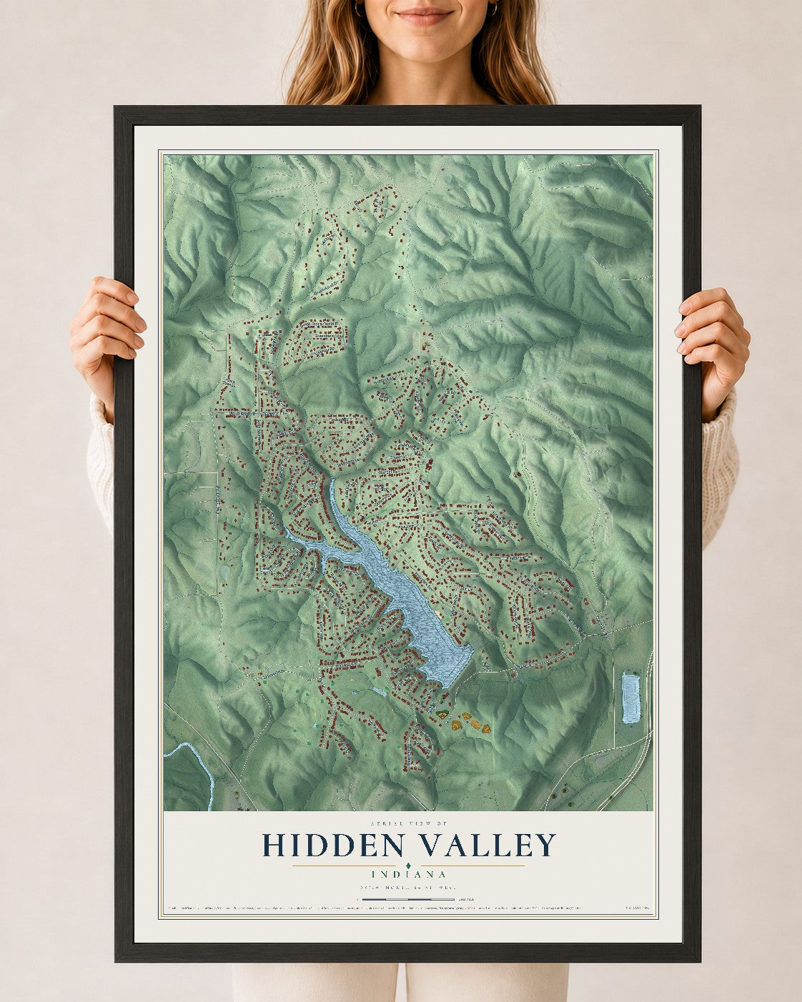 Map of Hidden Valley, Indiana, 24 x 36 inch print in a black wood frame