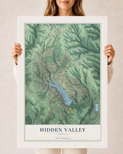 Map of Hidden Valley, Indiana, 24 x 36 inch print in a white wood frame