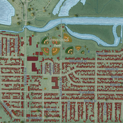 Second close-up of the map of Highland, Indiana print showing more streets and buildings