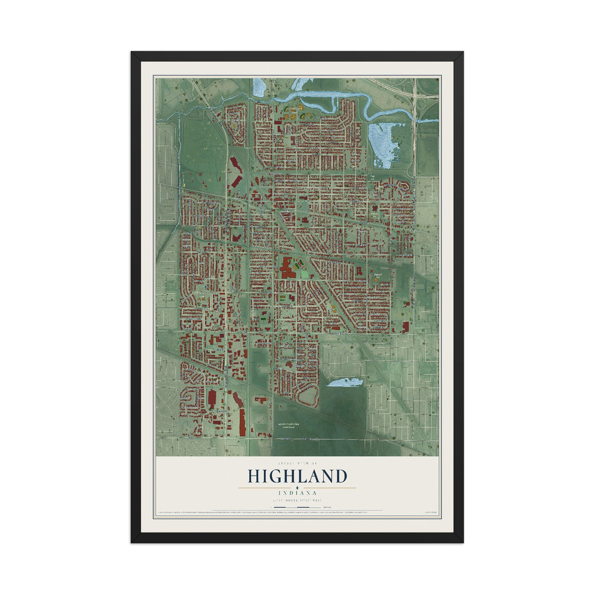 Map of Highland, Indiana, 12 x 18 inch print in a black wood frame