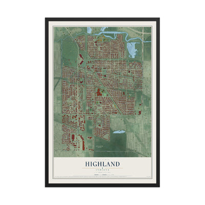 Map of Highland, Indiana, 12 x 18 inch print in a black wood frame
