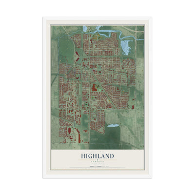Map of Highland, Indiana, 12 x 18 inch print in a white wood frame