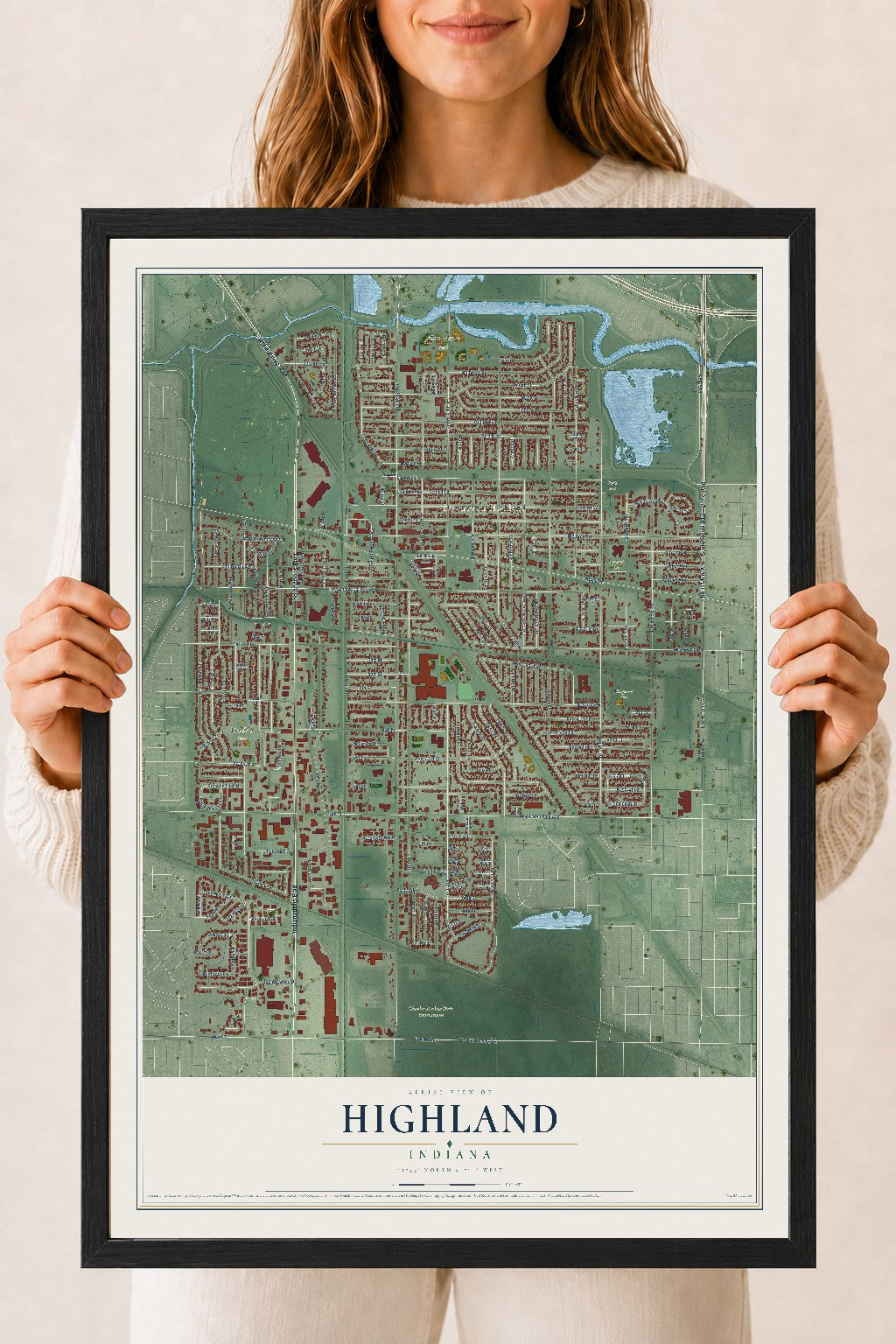 Map of Highland, Indiana, 18 x 24 inch print in a black wood frame